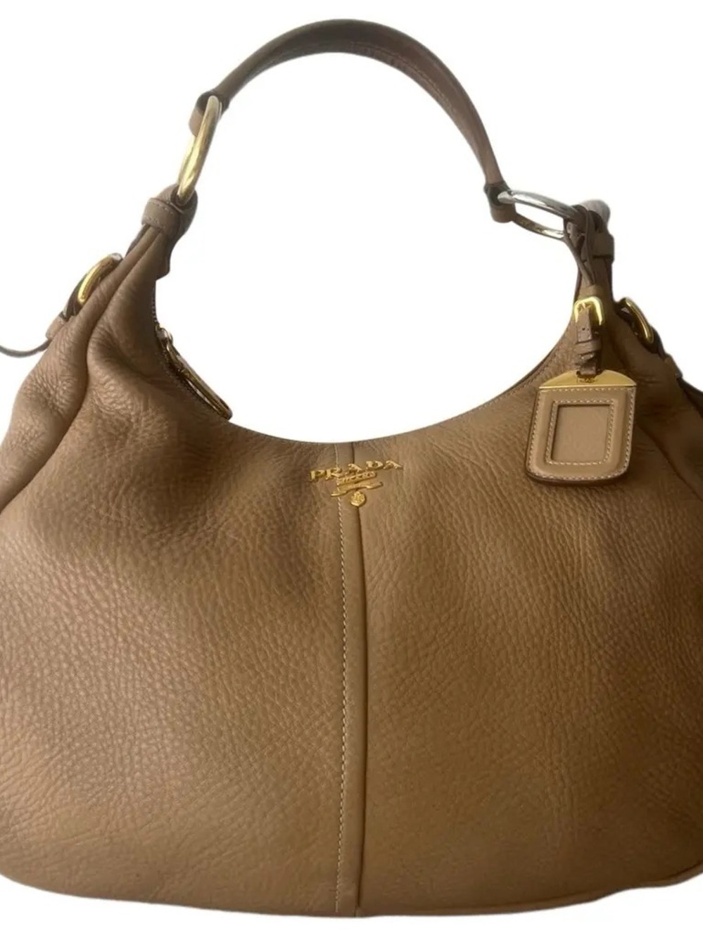 Prada Vitello Daino Pebbled Leather Hobo Shoulder Bag in Camel / Gold Hardware